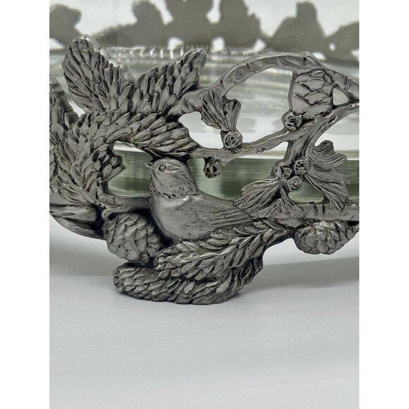 Birds & Pinecones Pewter Glass Large 9” Footed Bowl Centerpiece Votive Nature - Picture 6 of 12